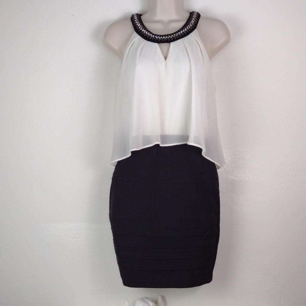 Two Tone Creamy Flowy White Bodice & Black Fitted Skirt Rhinestone Halter Dress